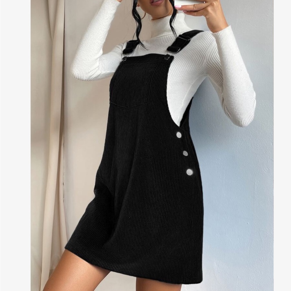 Classic Elegant Corduroy Solid Pocket Jumper Overall Dress Without Sweater BLACK - Picture 4 of 13